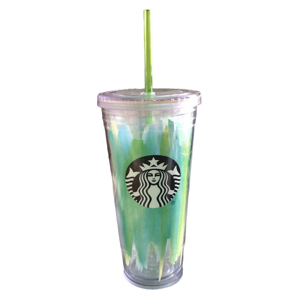 STARBUCKS Blue Green Paint Strokes 20oz Cold Cup Tumbler No Straw EUC